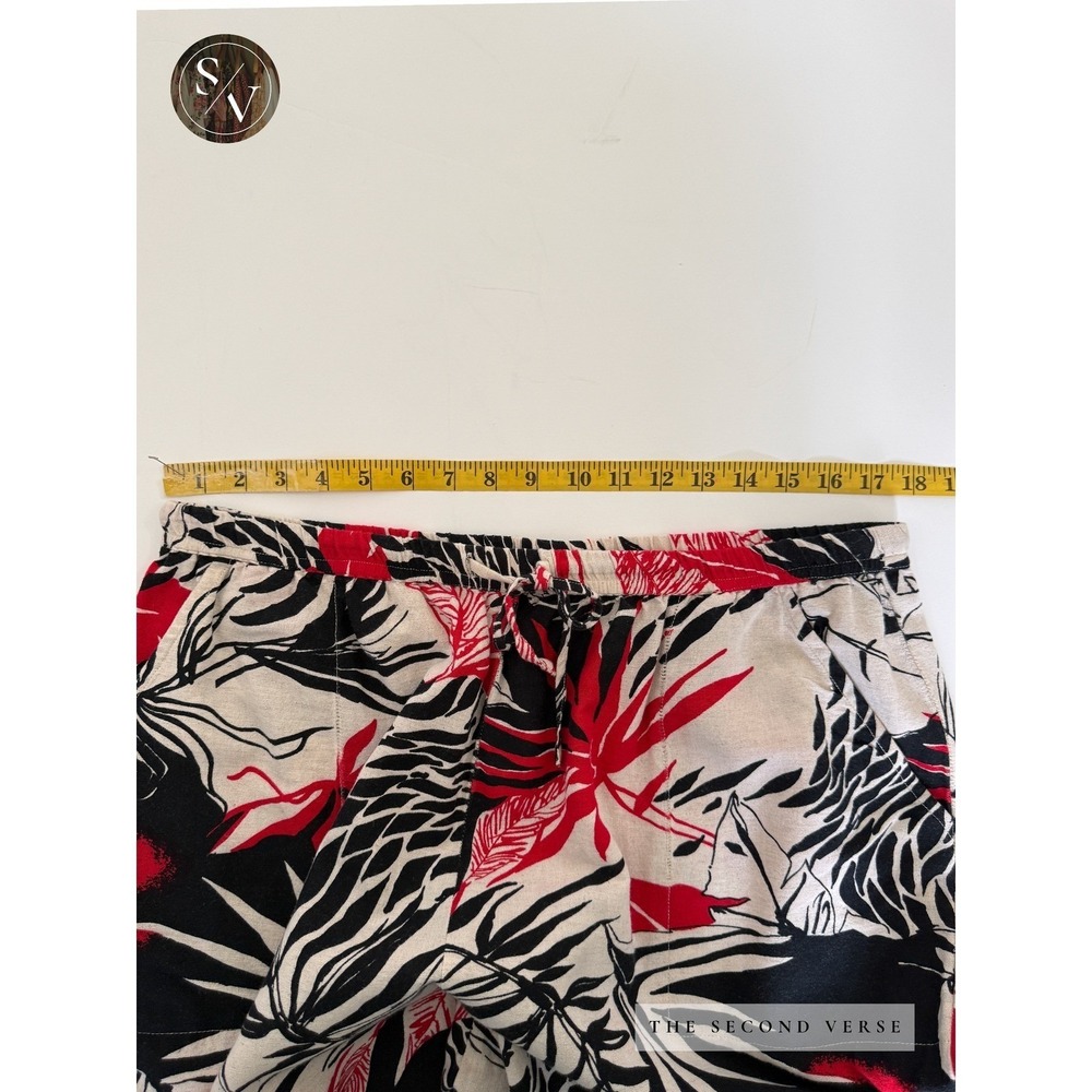 VTG Tropical Palm Print Linen Pants Red Black Cream Wide Leg Pull On Drawstring - Picture 8 of 10